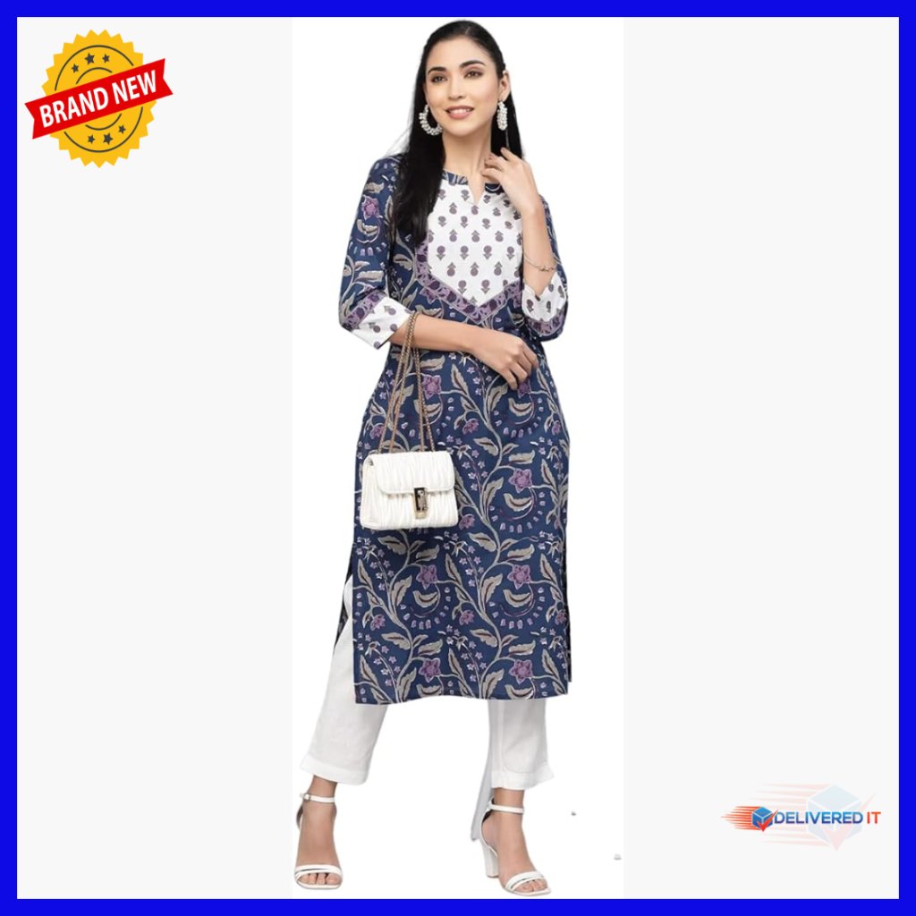 Floral Print Straight Kurti Tunic Top For Women Knee Length Cotton